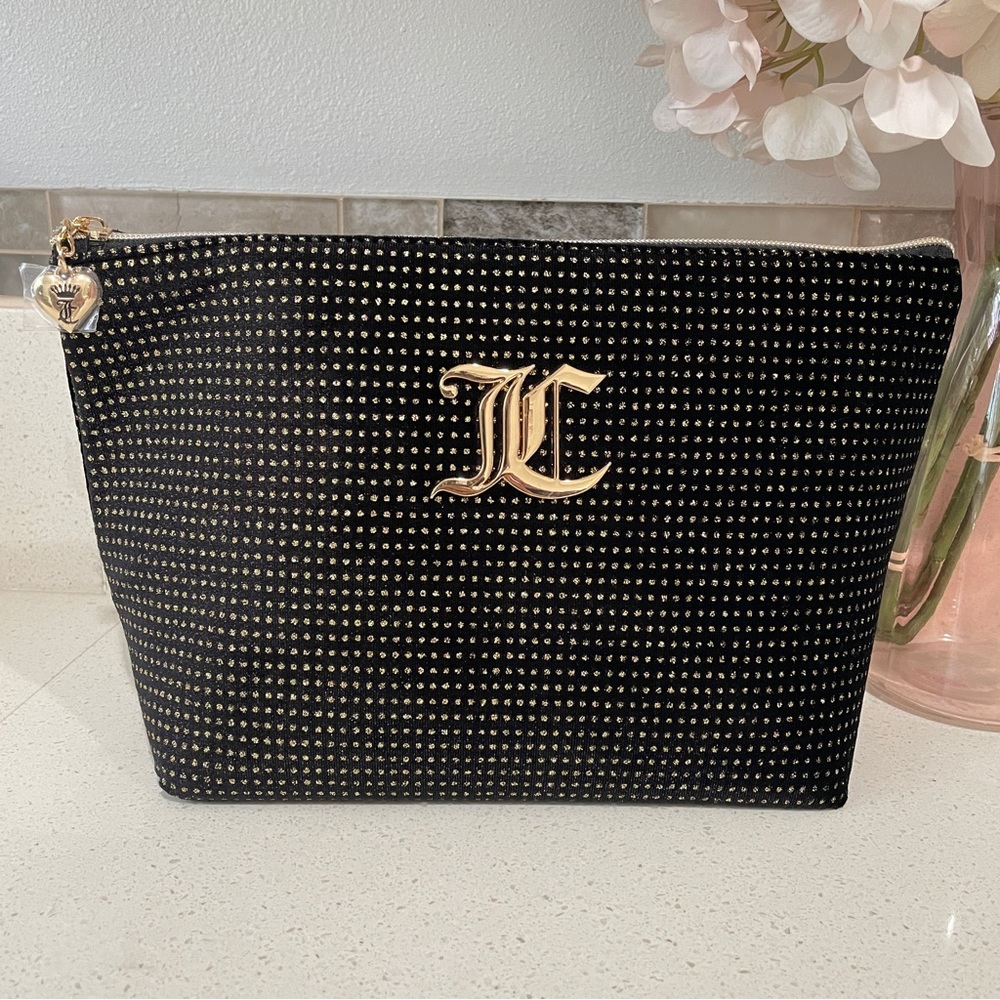 NEW Juicy Couture Black Velvet Gold Metallic‎ Dot Makeup Bag JC Cosmetic Pouch